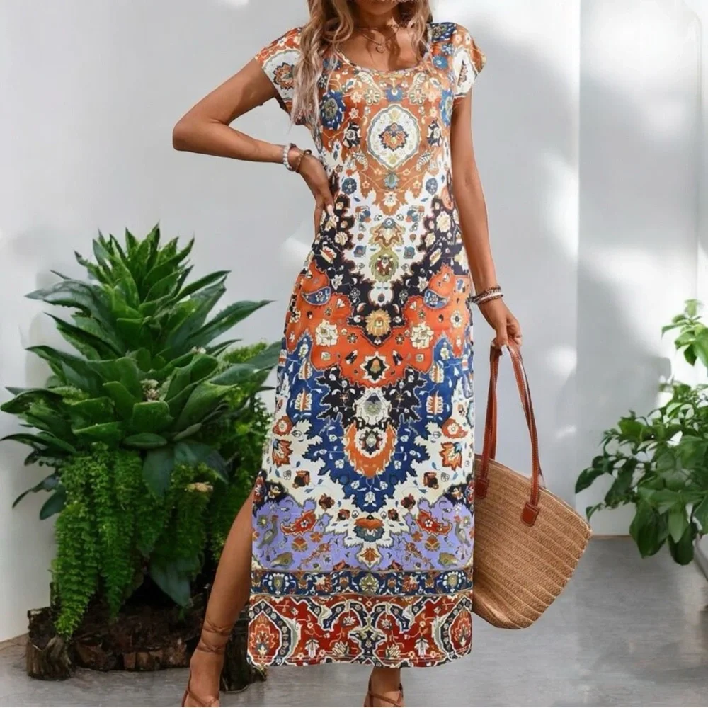 Shein Vacation Style‎ Side Slit Maxi Dress Womens Large Short Cap Sleeves